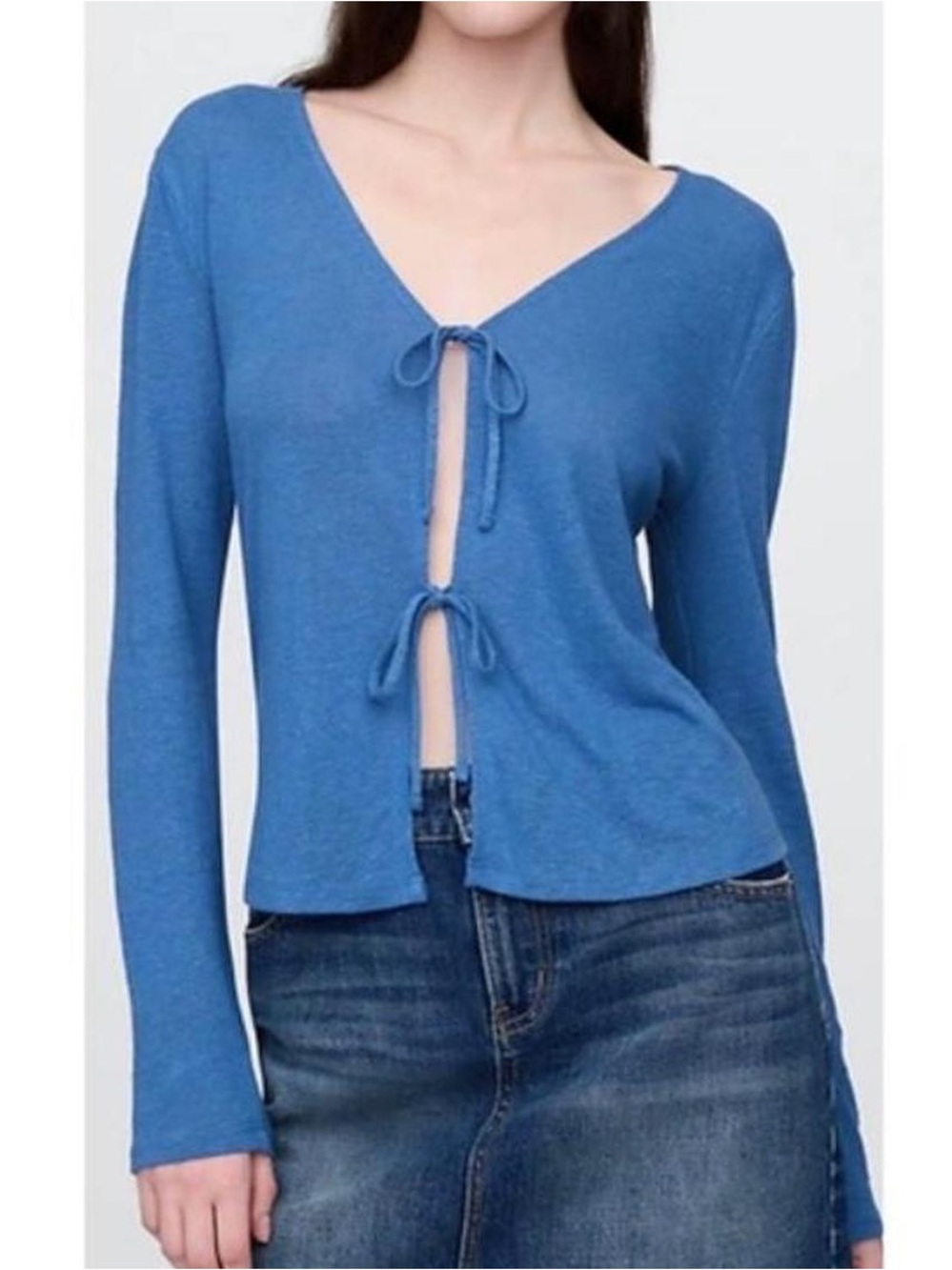 GAP Blue Tie-Front V-Neck Long Sleeve Top
